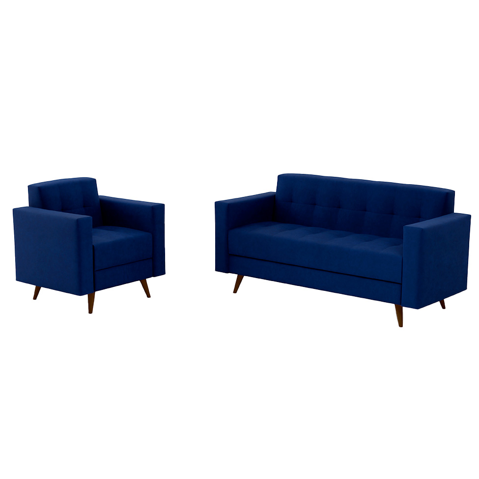 Conjunto de Sofá 3 Lugares com 1 Poltrona Vitrola Suede Azul