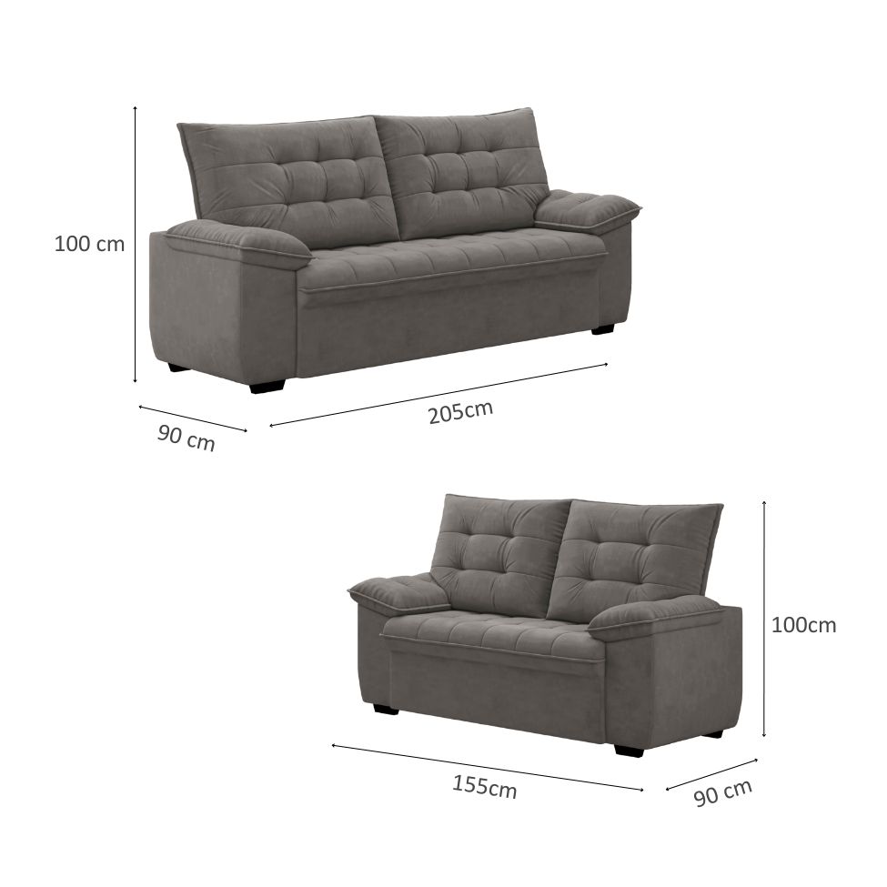 Conjunto de Sofás 2 e 3 Lugares Bertioga Veludo Cinza