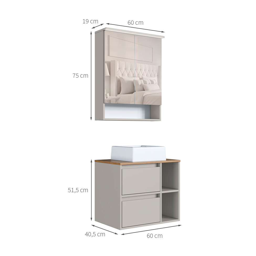 Conjunto para Banheiro com Cuba Amara 3 Portas 1 Gaveta Arenas e Mel