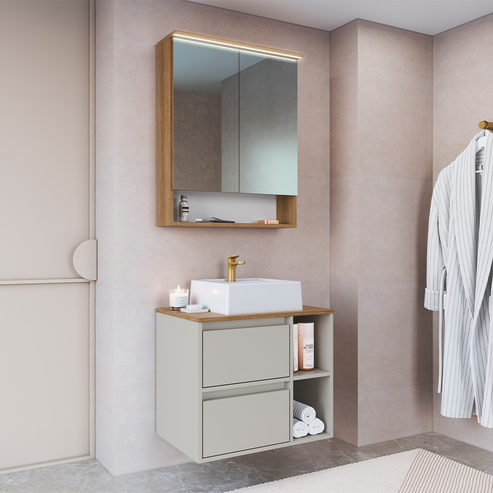 Conjunto para Banheiro com Cuba Amara 3 Portas 1 Gaveta Mel e Arenas