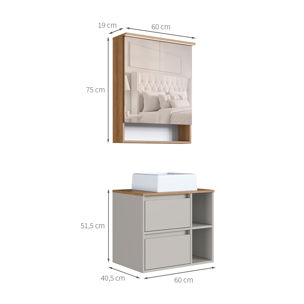 Conjunto para Banheiro com Cuba Amara 3 Portas 1 Gaveta Mel e Arenas