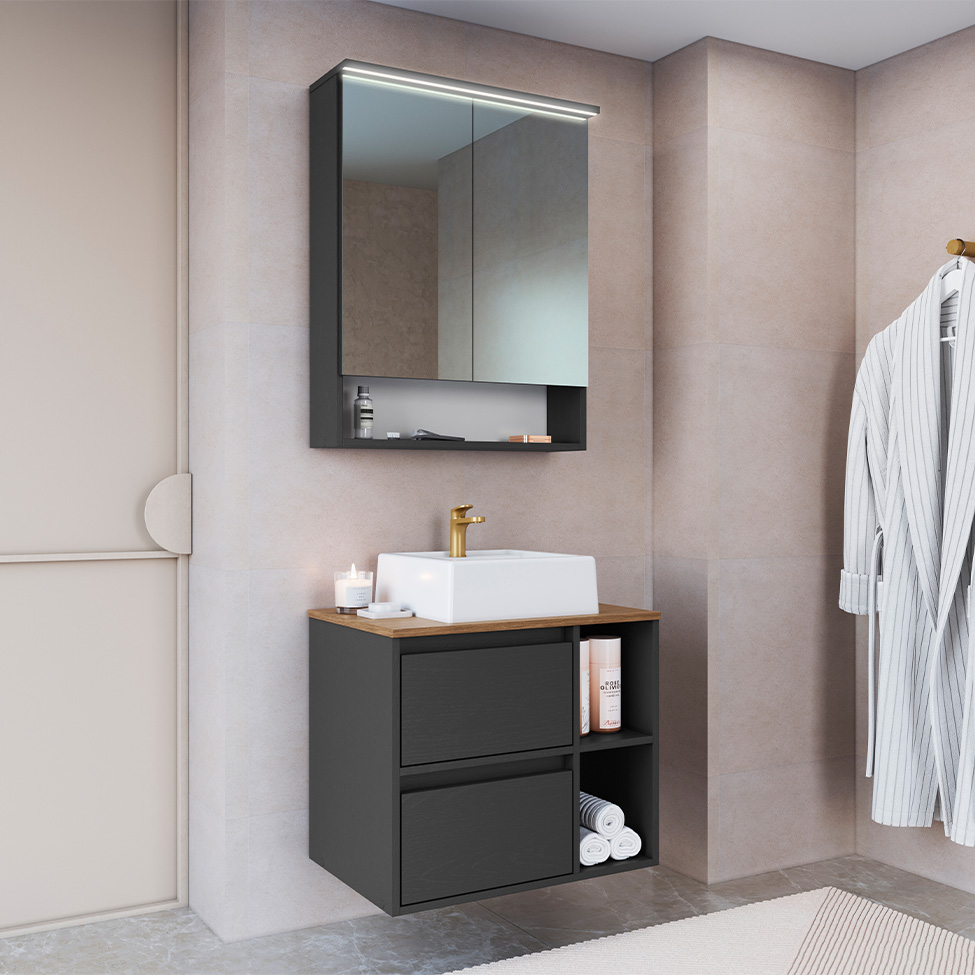 Conjunto para Banheiro com Cuba Amara 3 Portas 1 Gaveta Mel e Grafite