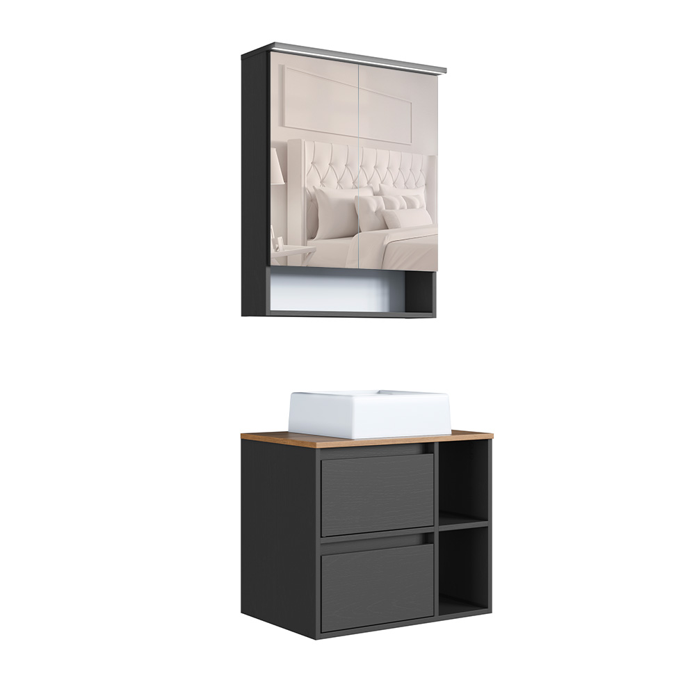 Conjunto para Banheiro com Cuba Amara 3 Portas 1 Gaveta Mel e Grafite