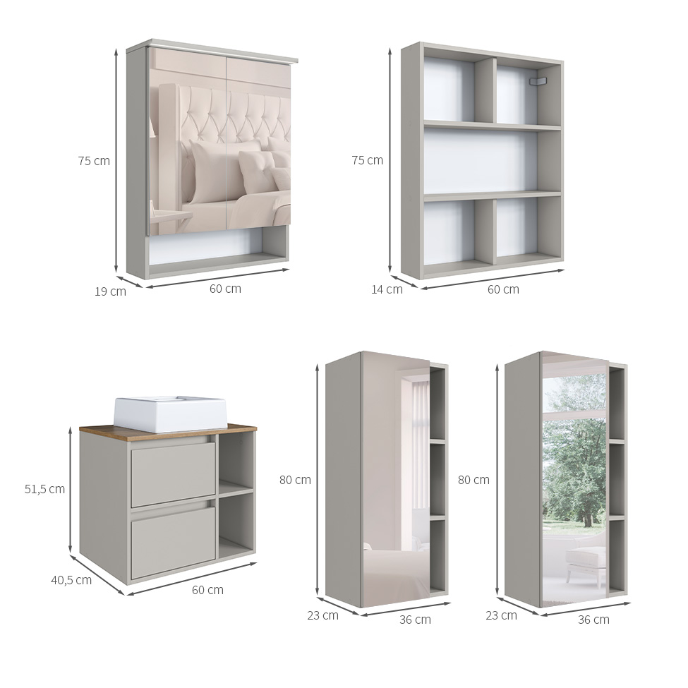 Conjunto para Banheiro com Cuba e Nicho Grace 5 Portas 1 Gaveta Arenas e Mel