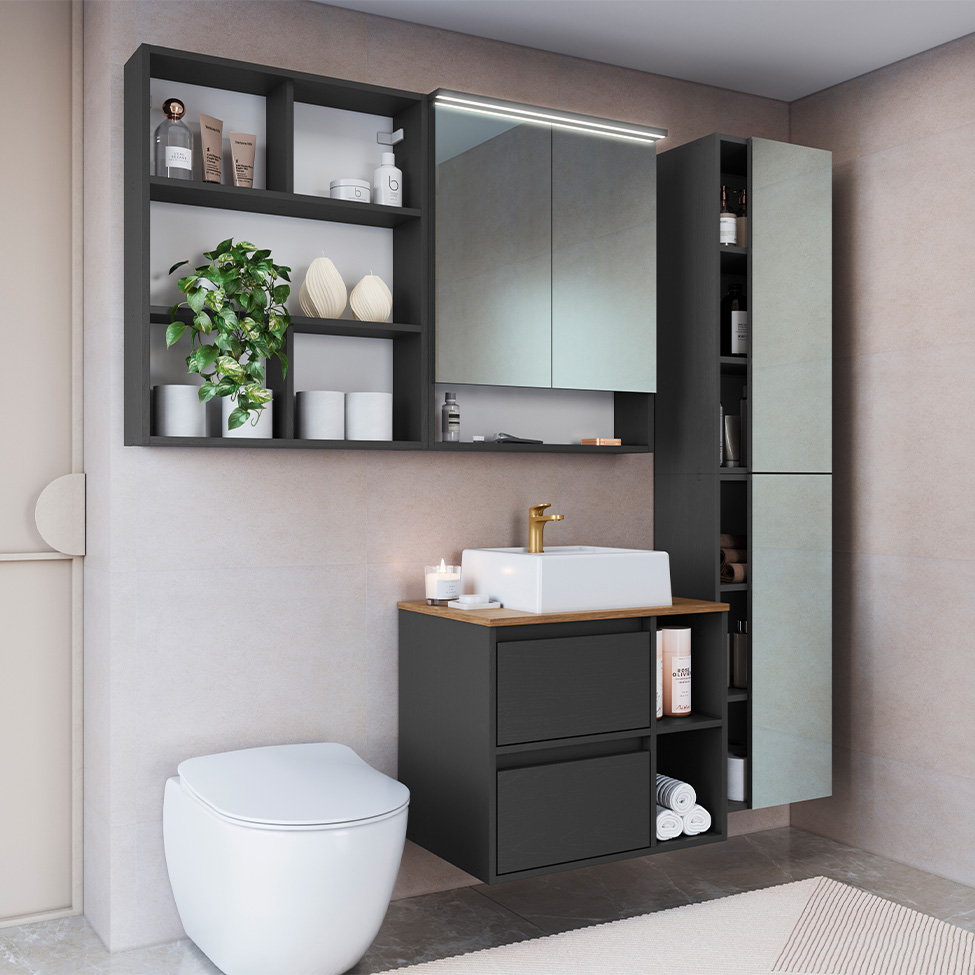 Conjunto para Banheiro com Cuba e Nicho Grace 5 Portas 1 Gaveta Grafite e Mel