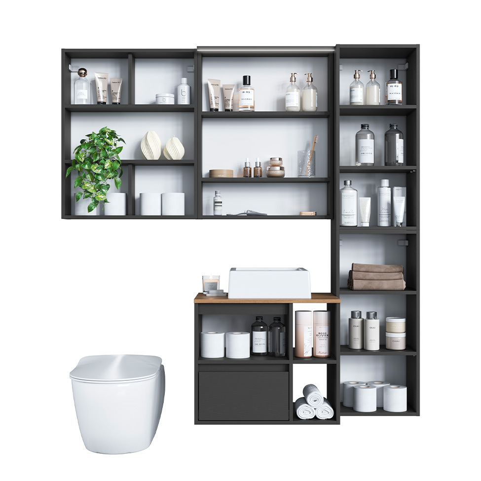 Conjunto para Banheiro com Cuba e Nicho Grace 5 Portas 1 Gaveta Grafite e Mel