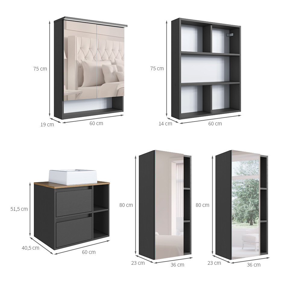 Conjunto para Banheiro com Cuba e Nicho Grace 5 Portas 1 Gaveta Grafite e Mel