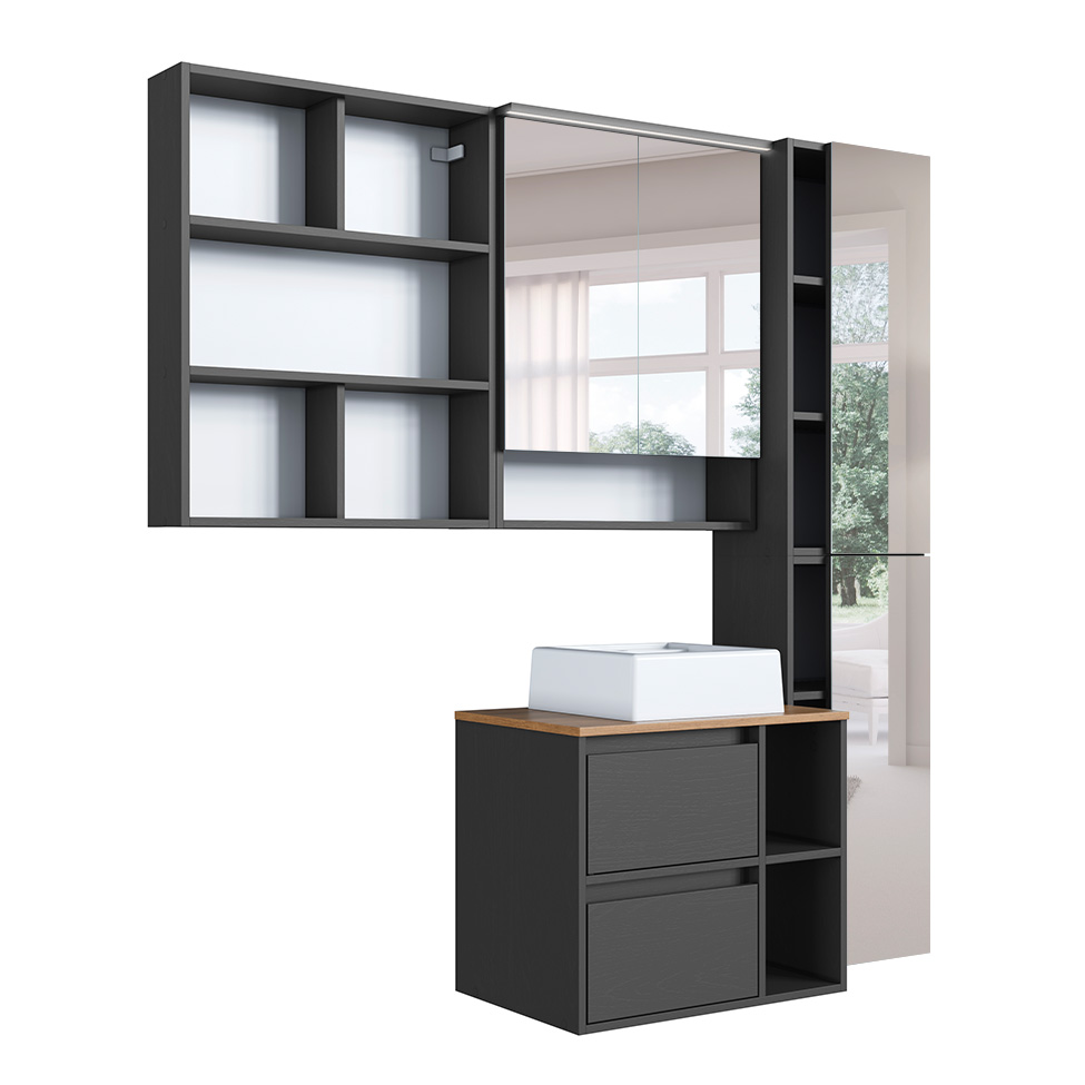 Conjunto para Banheiro com Cuba e Nicho Grace 5 Portas 1 Gaveta Grafite e Mel