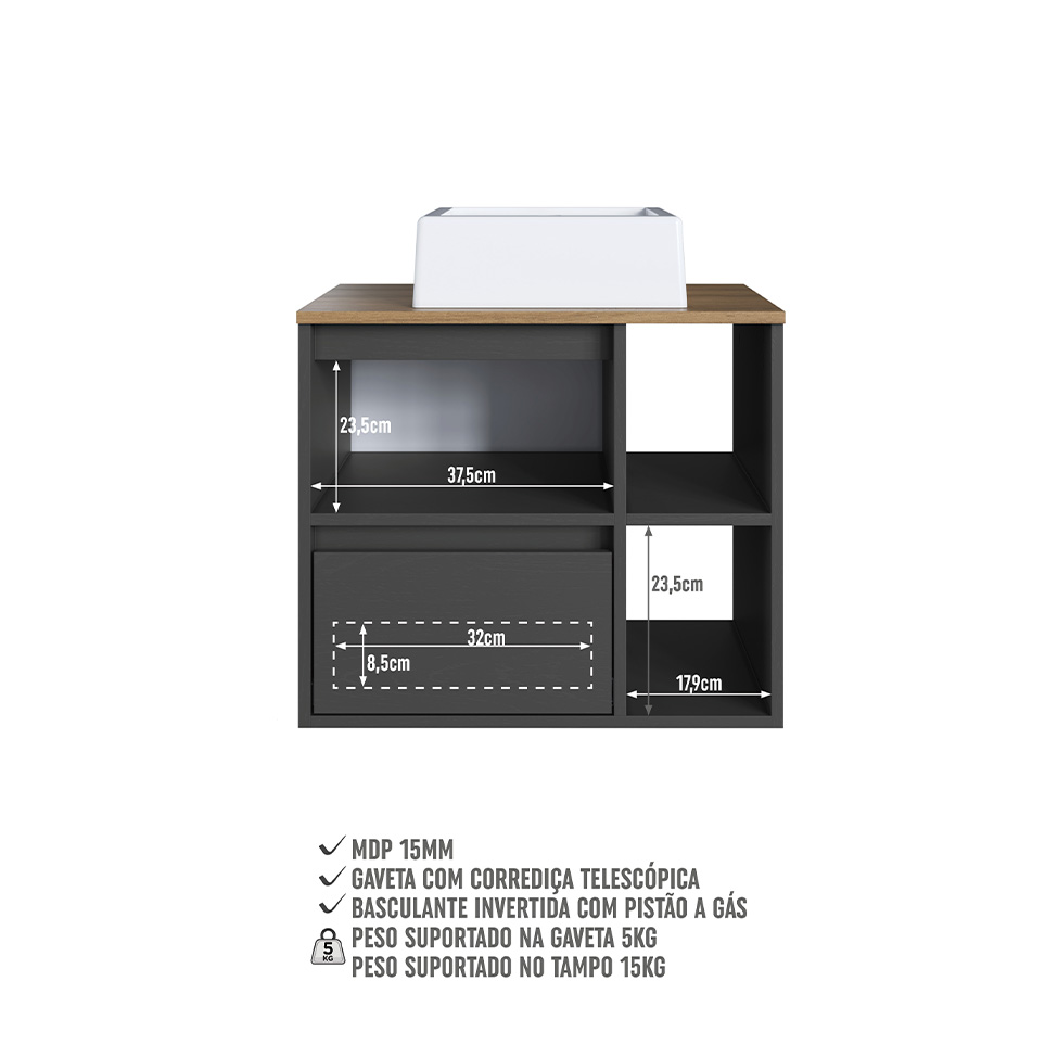 Conjunto para Banheiro com Cuba e Nicho Grace 5 Portas 1 Gaveta Grafite e Mel