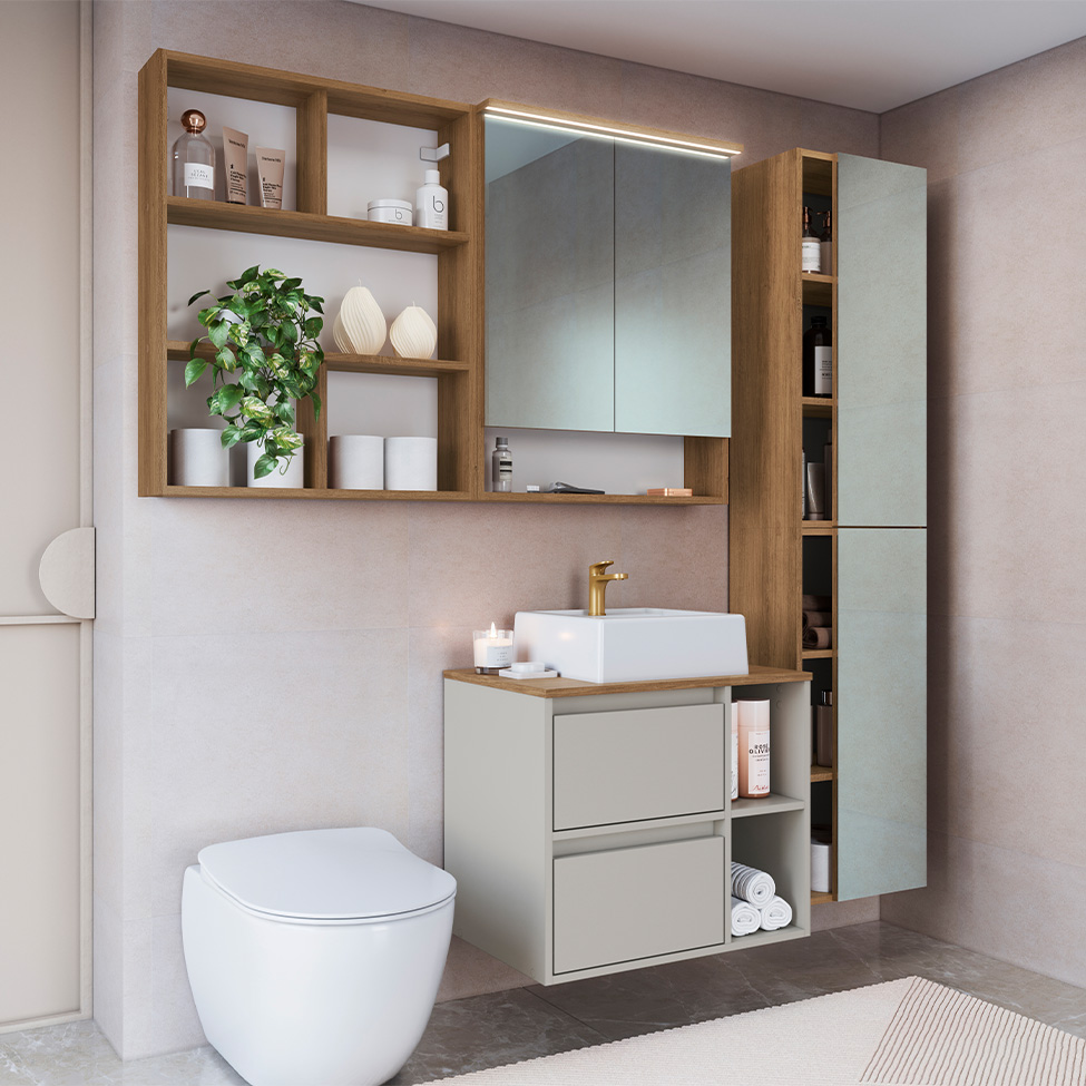 Conjunto para Banheiro com Cuba e Nicho Grace 5 Portas 1 Gaveta Mel e Arenas