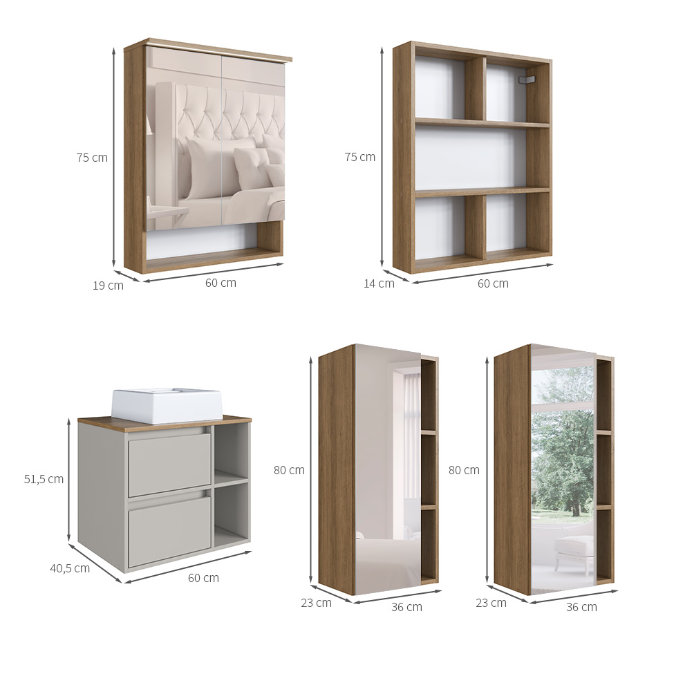 Conjunto para Banheiro com Cuba e Nicho Grace 5 Portas 1 Gaveta Mel e Arenas