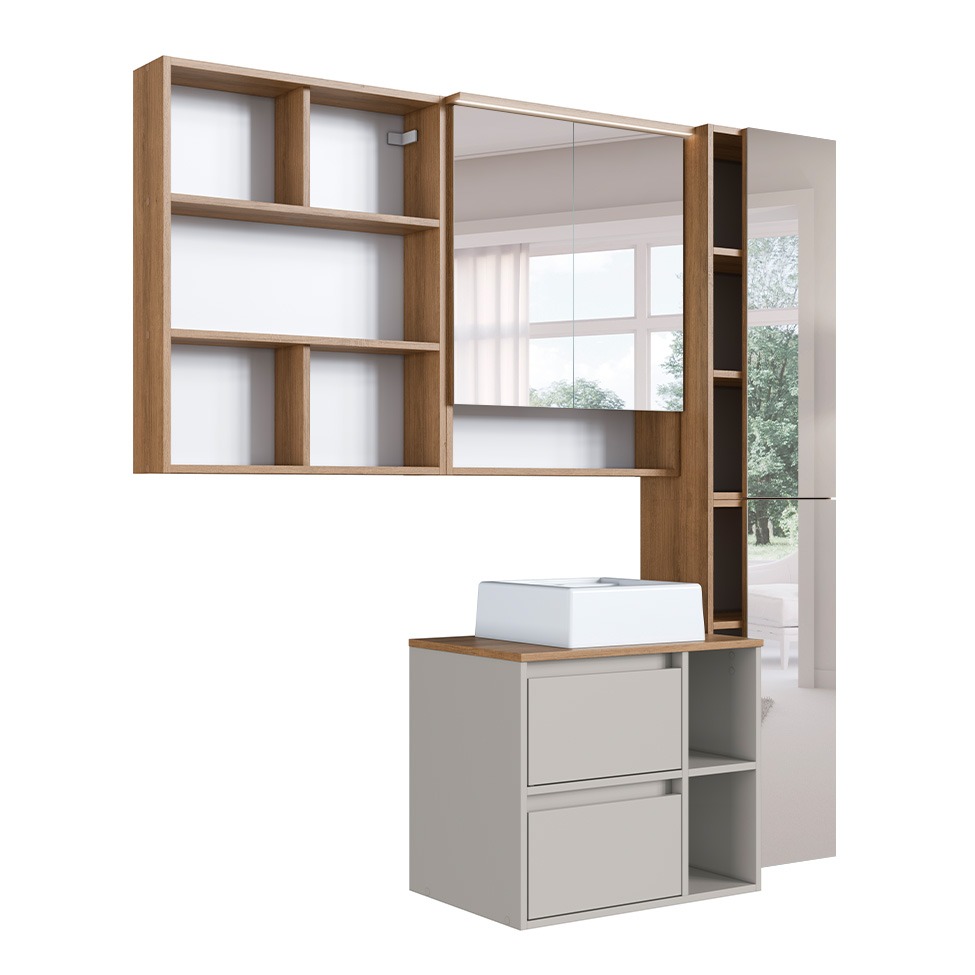 Conjunto para Banheiro com Cuba e Nicho Grace 5 Portas 1 Gaveta Mel e Arenas