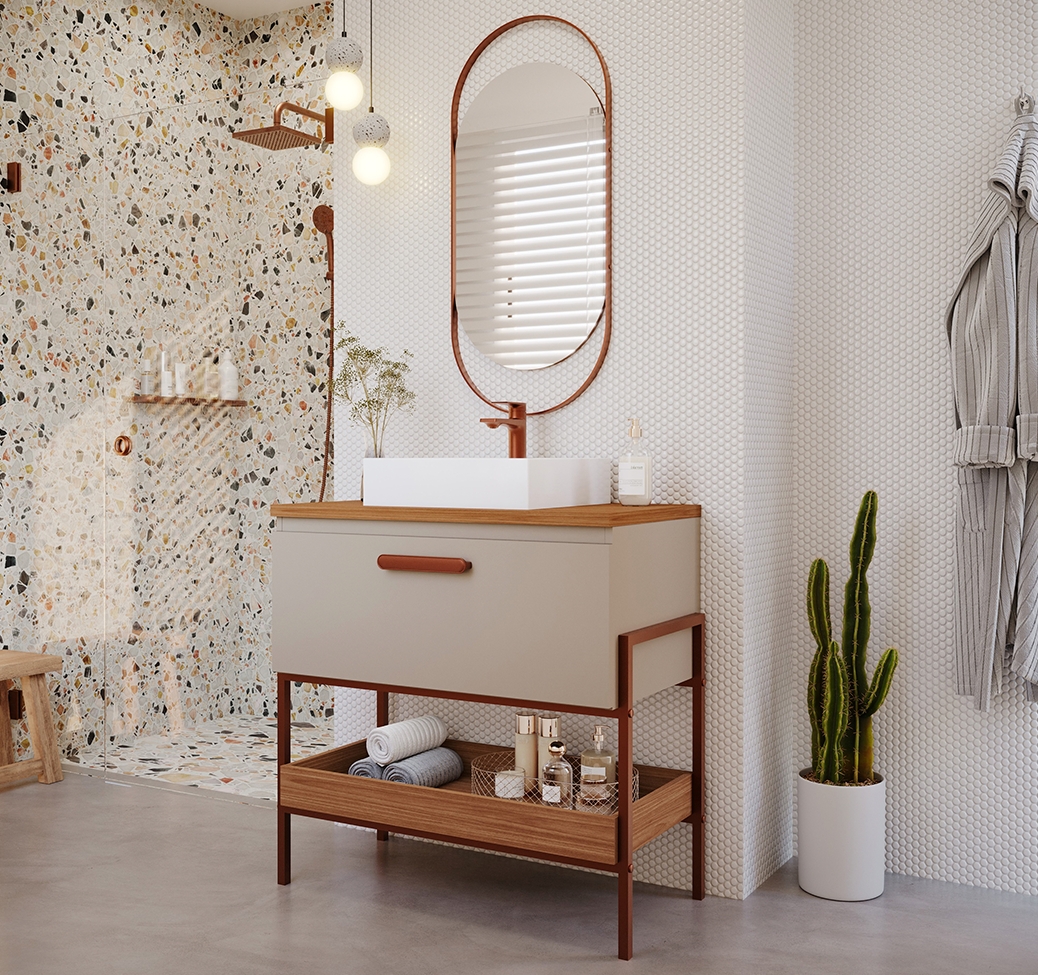 Conjunto para Banheiro com Gabinete Eleonora 1 Porta Capuccino e Freijó 85cm e Espelho Decorativo Lumi Cobre