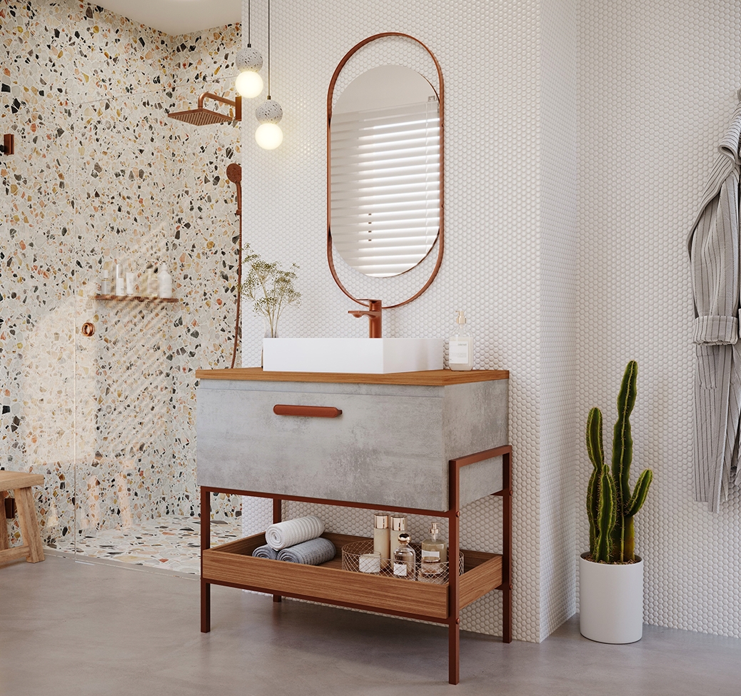 Conjunto para Banheiro com Gabinete Eleonora 1 Porta Cimento e Freijó 65cm e Espelho Decorativo Lumi Cobre