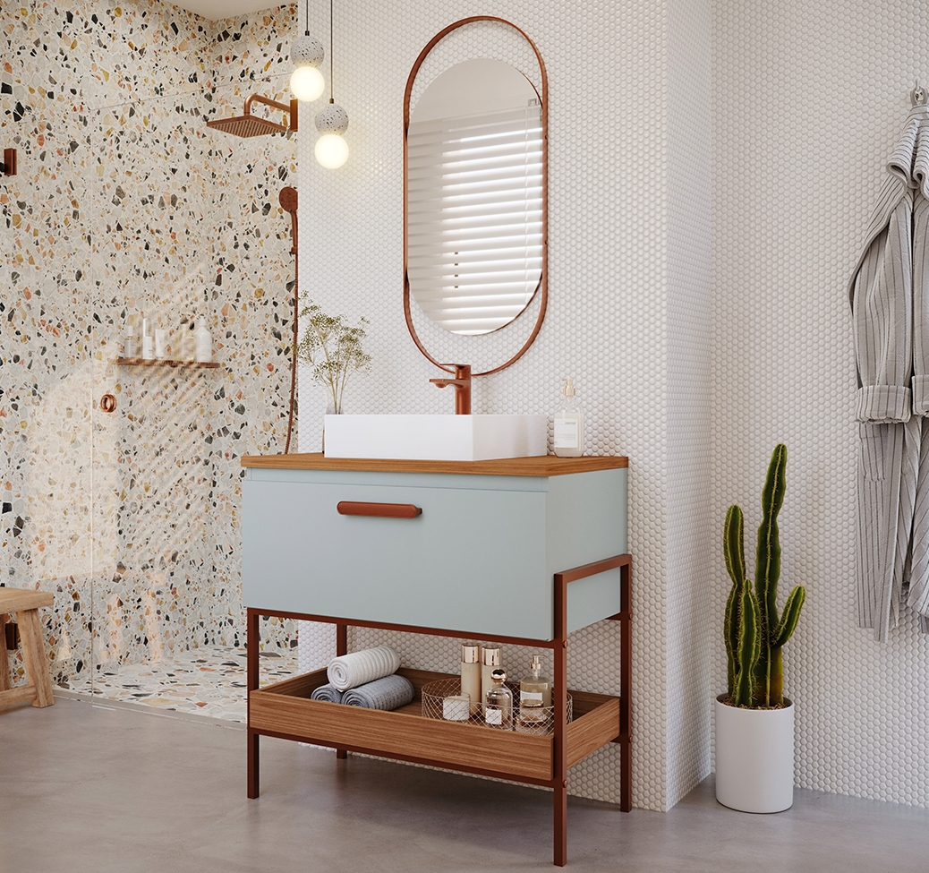 Conjunto para Banheiro com Gabinete Eleonora 1 Porta Pistache e Freijó 65cm e Espelho Decorativo Lumi Cobre