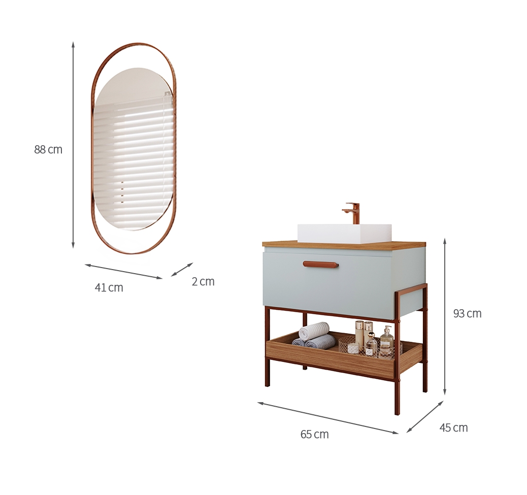 Conjunto para Banheiro com Gabinete Eleonora 1 Porta Pistache e Freijó 65cm e Espelho Decorativo Lumi Cobre