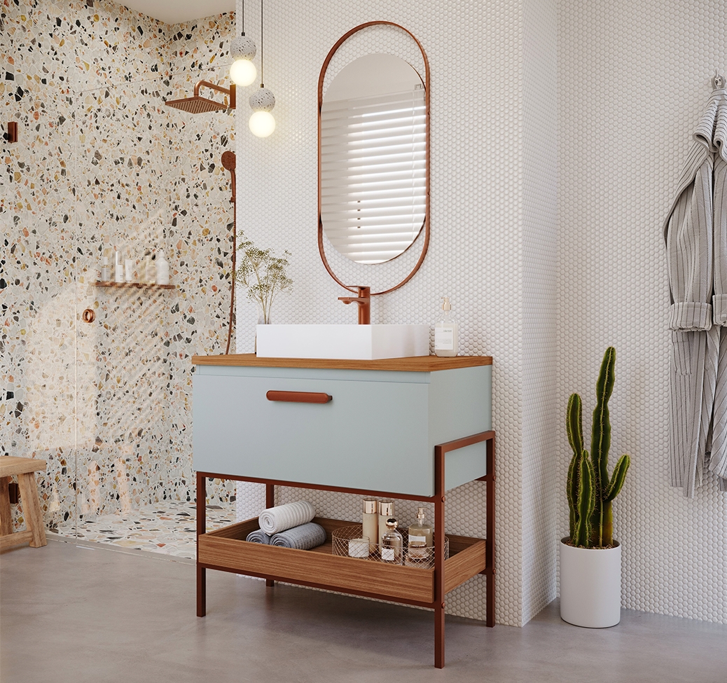 Conjunto para Banheiro com Gabinete Eleonora 1 Porta Pistache e Freijó 85cm e Espelho Decorativo Lumi Cobre