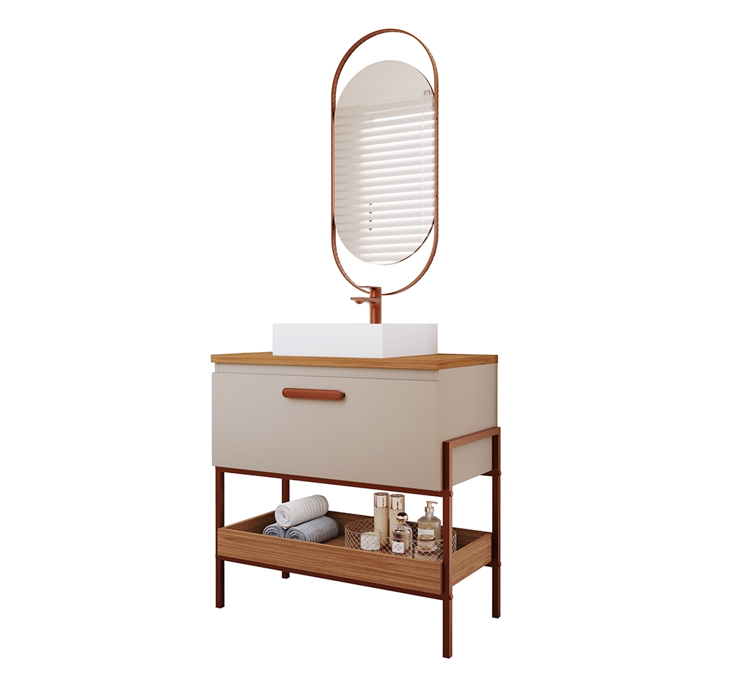 Conjunto para Banheiro com Gabinete Portinari 1 PT Capuccino e Freijó 65cm e Espelho Decorativo Lumi Cobre