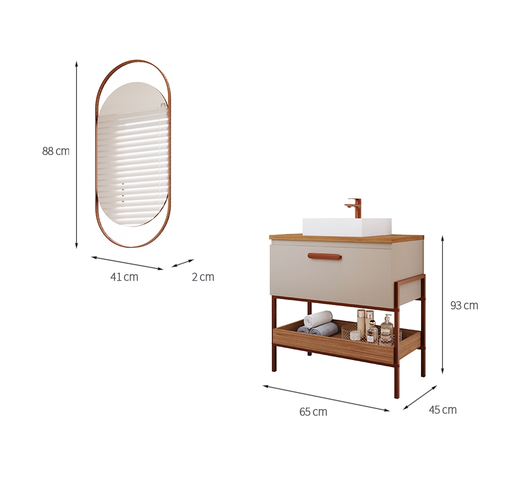 Conjunto para Banheiro com Gabinete Portinari 1 PT Capuccino e Freijó 65cm e Espelho Decorativo Lumi Cobre