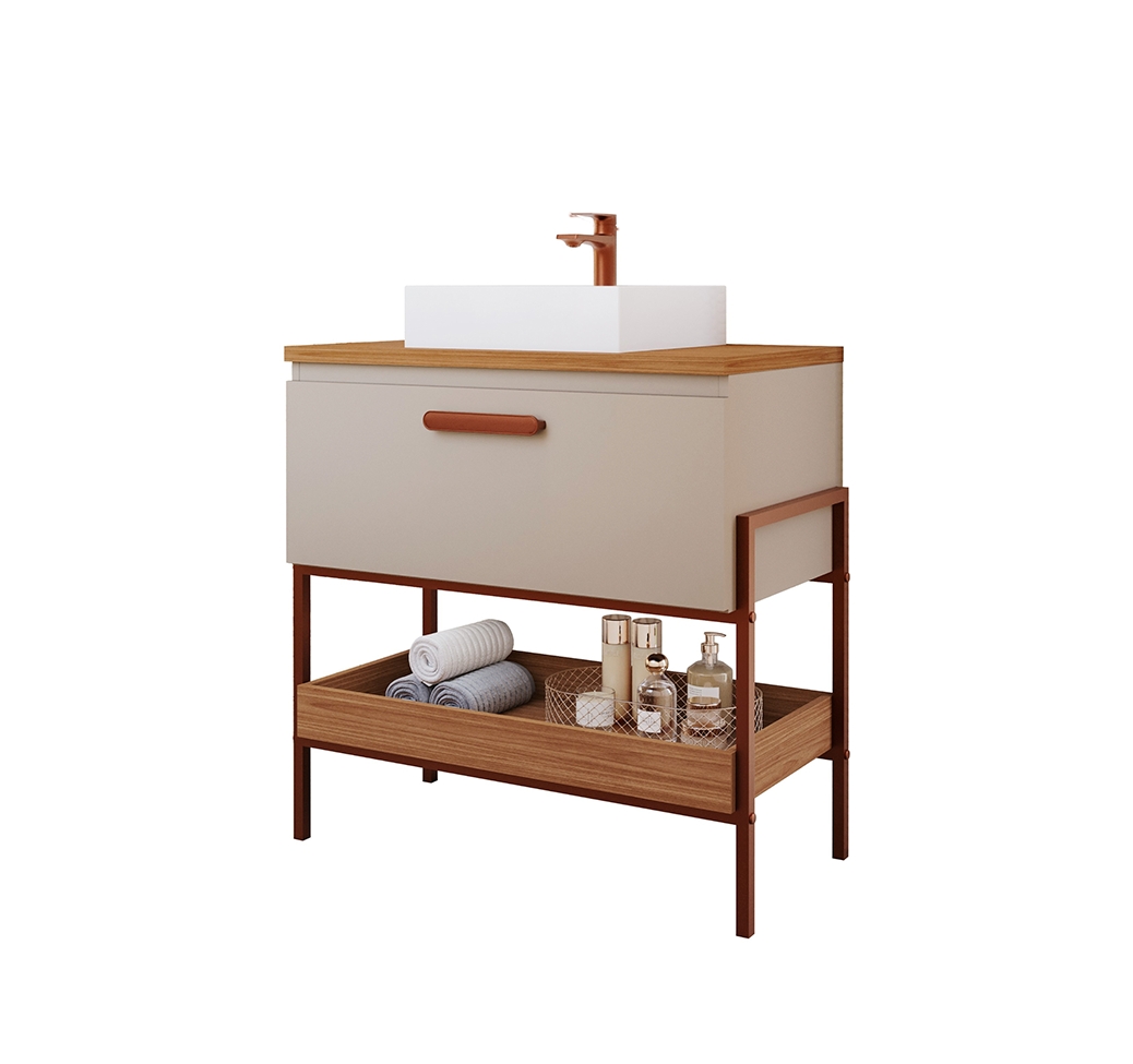 Conjunto para Banheiro com Gabinete Portinari 1 PT Capuccino e Freijó 65cm e Espelho Decorativo Lumi Cobre
