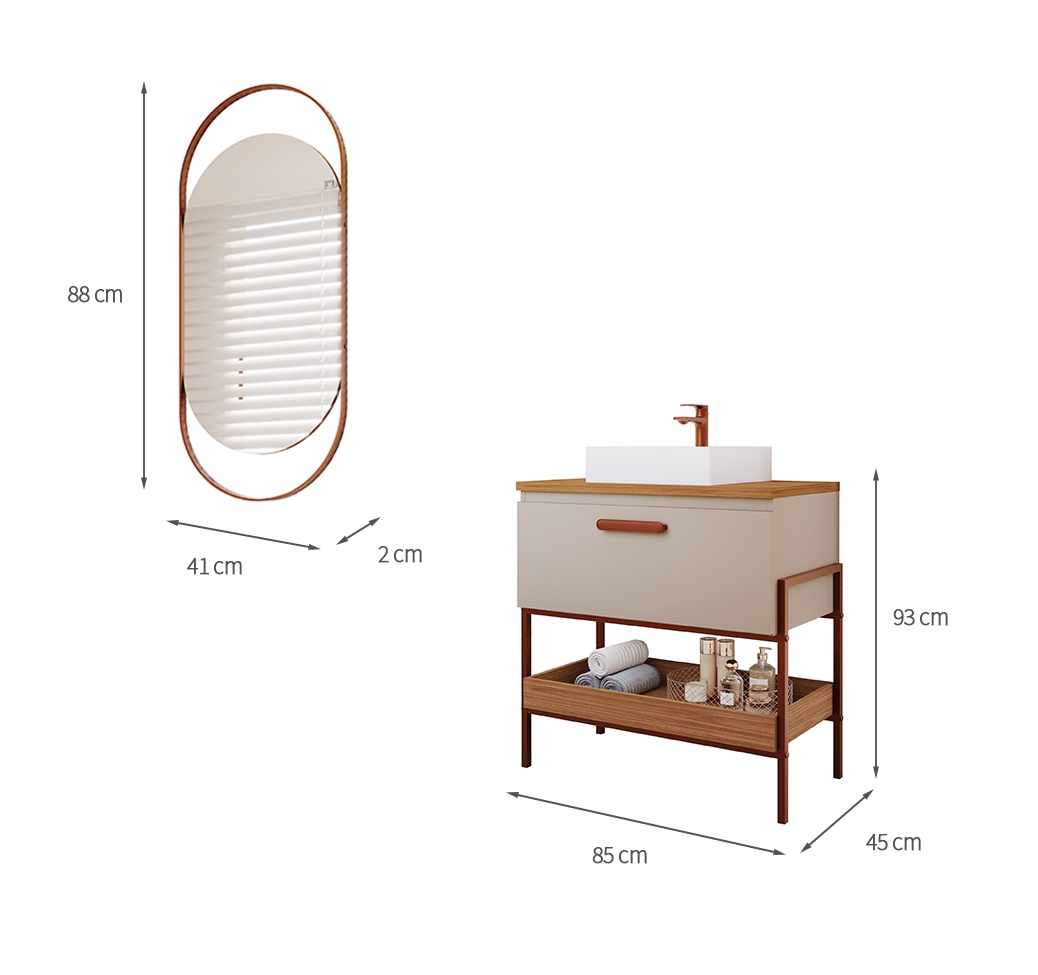 Conjunto para Banheiro com Gabinete Portinari 1 PT Capuccino e Freijó 85cm e Espelho Decorativo Lumi Cobre