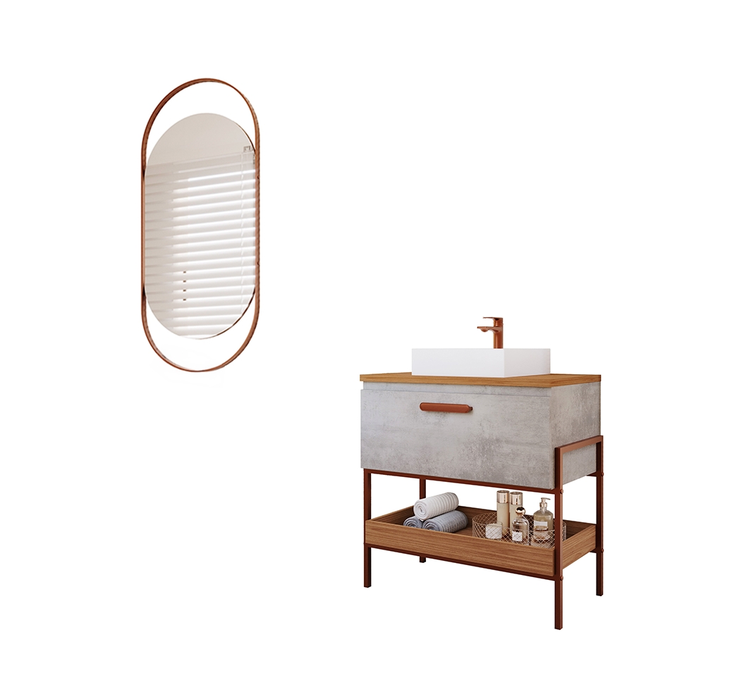 Conjunto para Banheiro com Gabinete Portinari 1 PT Cimento e Freijó 65cm e Espelho Decorativo Lumi Cobre