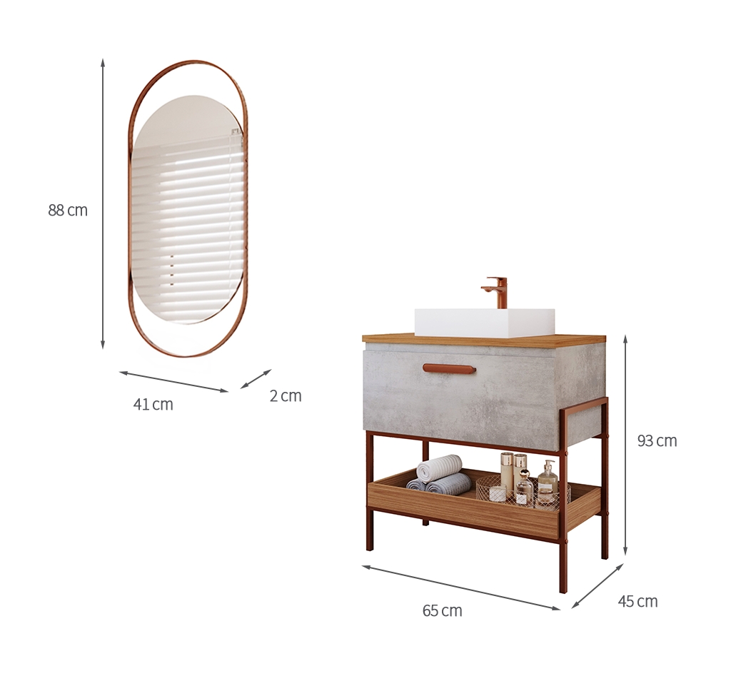 Conjunto para Banheiro com Gabinete Portinari 1 PT Cimento e Freijó 65cm e Espelho Decorativo Lumi Cobre