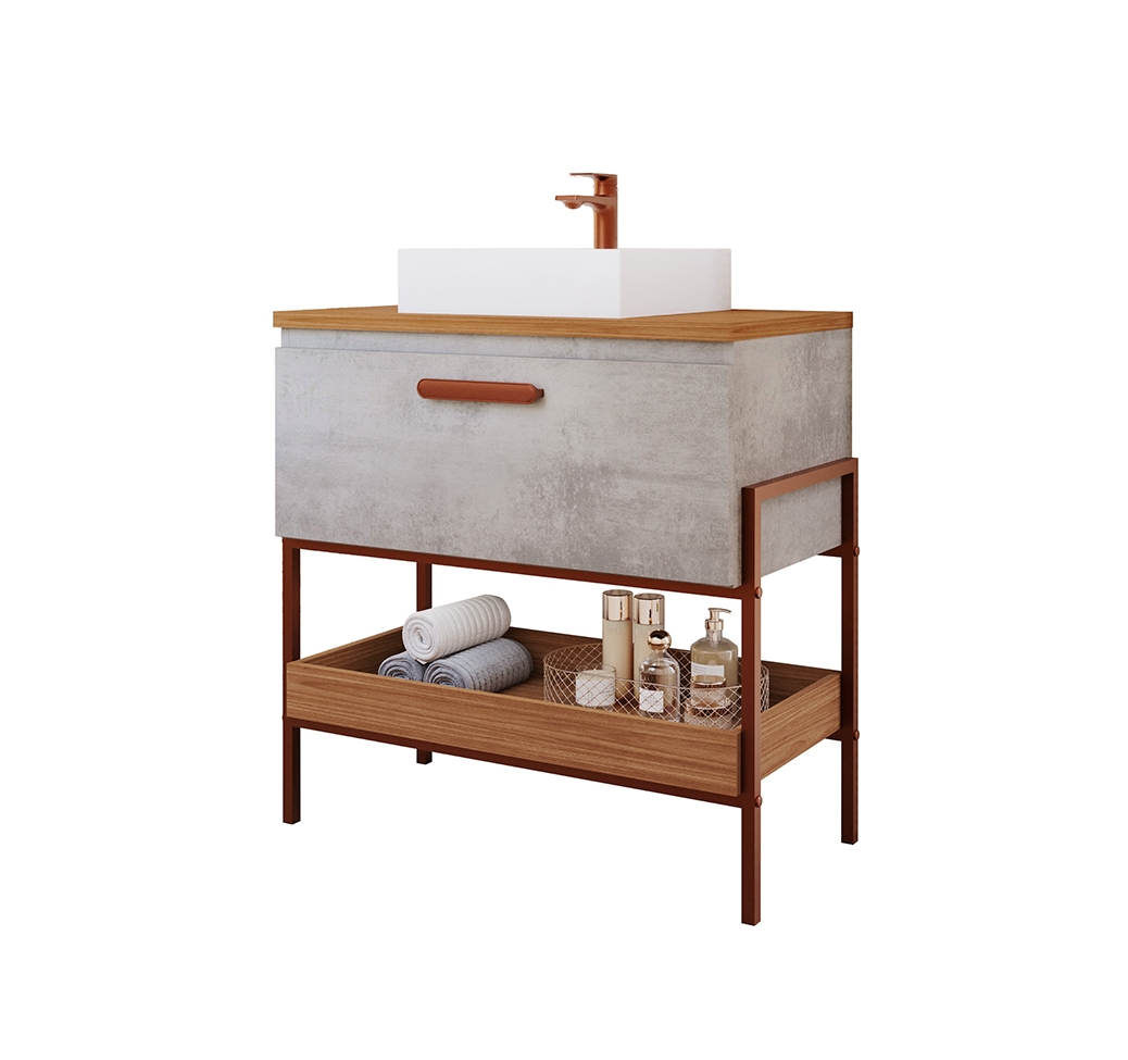 Conjunto para Banheiro com Gabinete Portinari 1 PT Cimento e Freijó 65cm e Espelho Decorativo Lumi Cobre