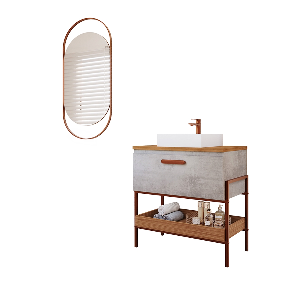 Conjunto para Banheiro com Gabinete Portinari 1 PT Cimento e Freijó 85cm e Espelho Decorativo Lumi Cobre