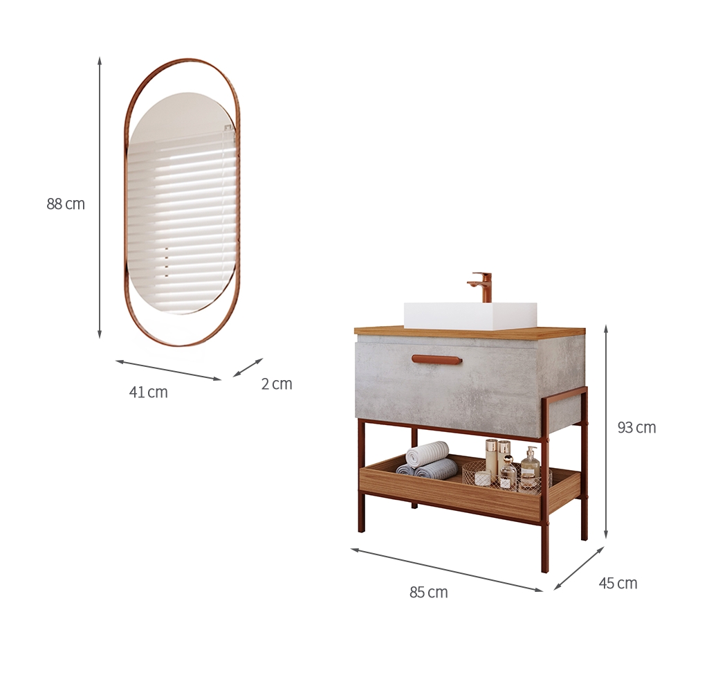 Conjunto para Banheiro com Gabinete Portinari 1 PT Cimento e Freijó 85cm e Espelho Decorativo Lumi Cobre