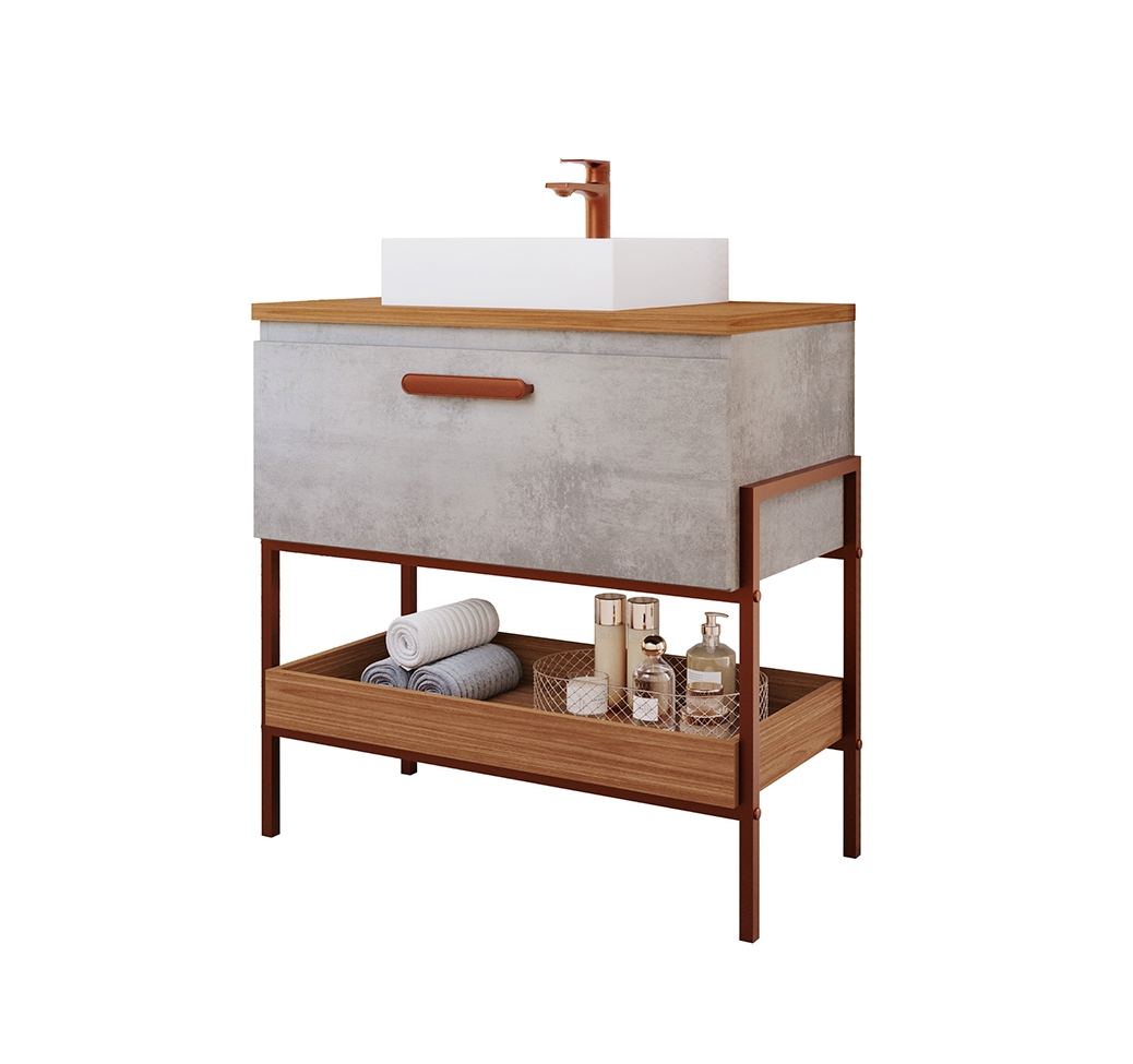 Conjunto para Banheiro com Gabinete Portinari 1 PT Cimento e Freijó 85cm e Espelho Decorativo Lumi Cobre