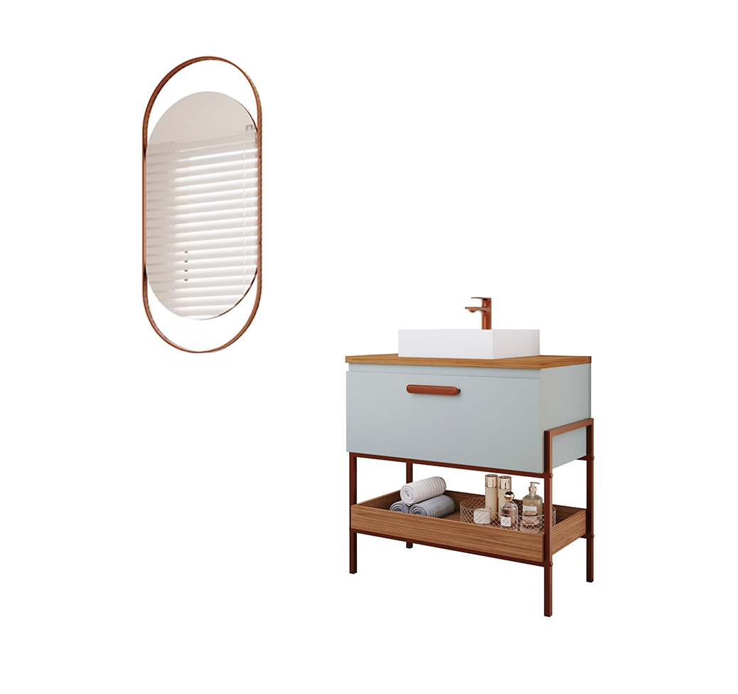 Conjunto para Banheiro com Gabinete Portinari 1 PT Pistache e Freijó 65cm e Espelho Decorativo Lumi Cobre