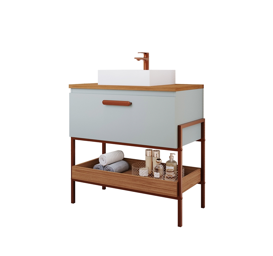 Conjunto para Banheiro com Gabinete Portinari 1 PT Pistache e Freijó 65cm e Espelho Decorativo Lumi Cobre