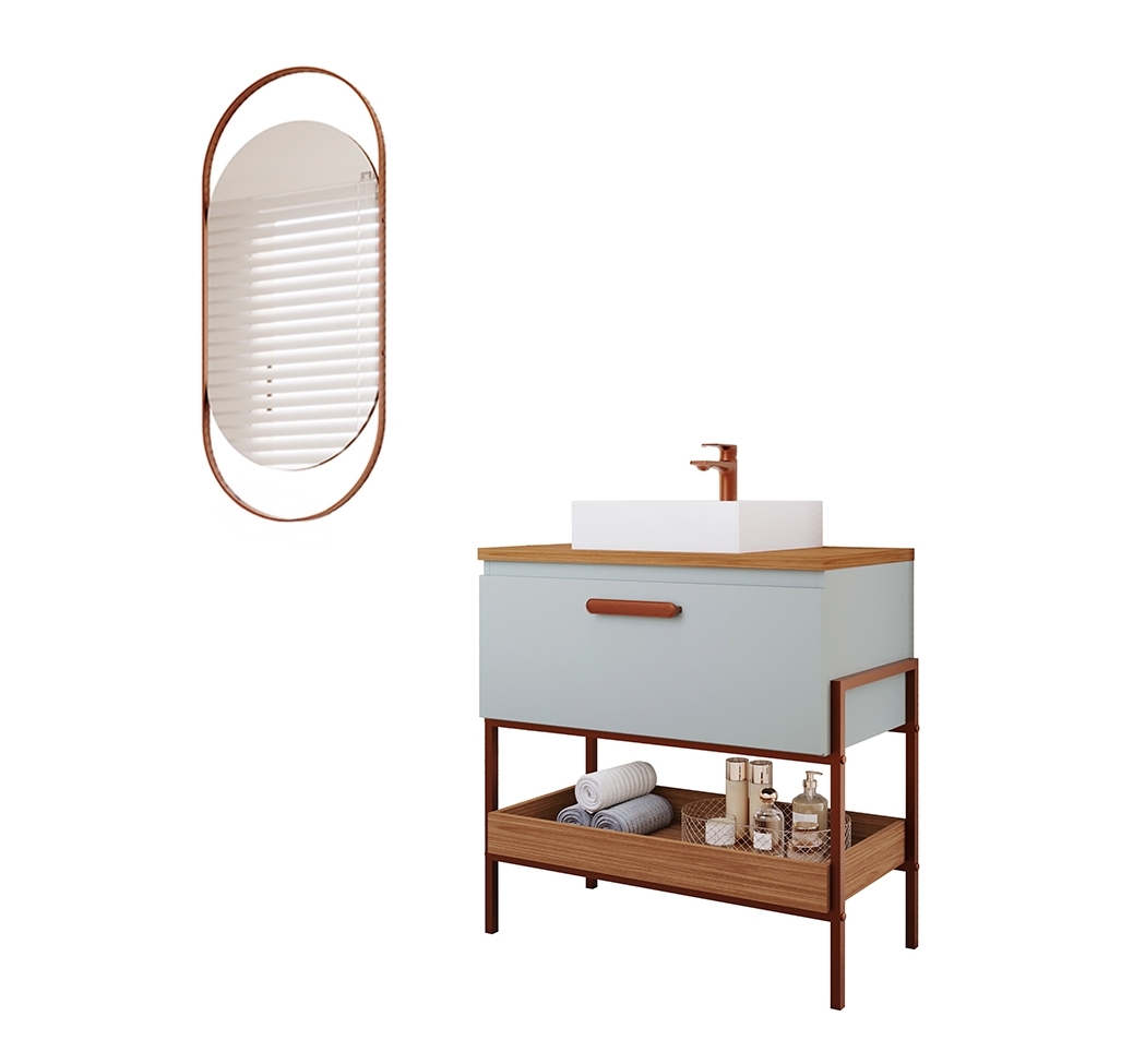 Conjunto para Banheiro com Gabinete Portinari 1 PT Pistache e Freijó 85cm e Espelho Decorativo Lumi Cobre