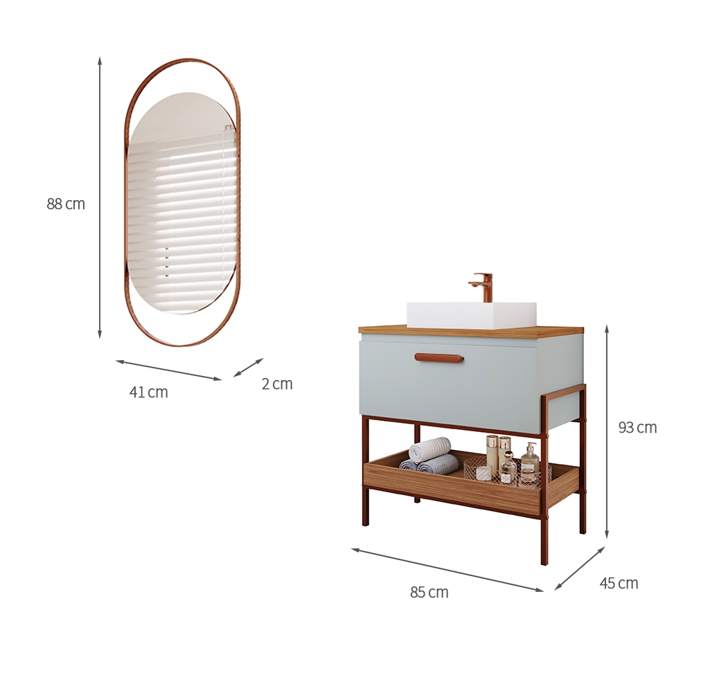 Conjunto para Banheiro com Gabinete Portinari 1 PT Pistache e Freijó 85cm e Espelho Decorativo Lumi Cobre