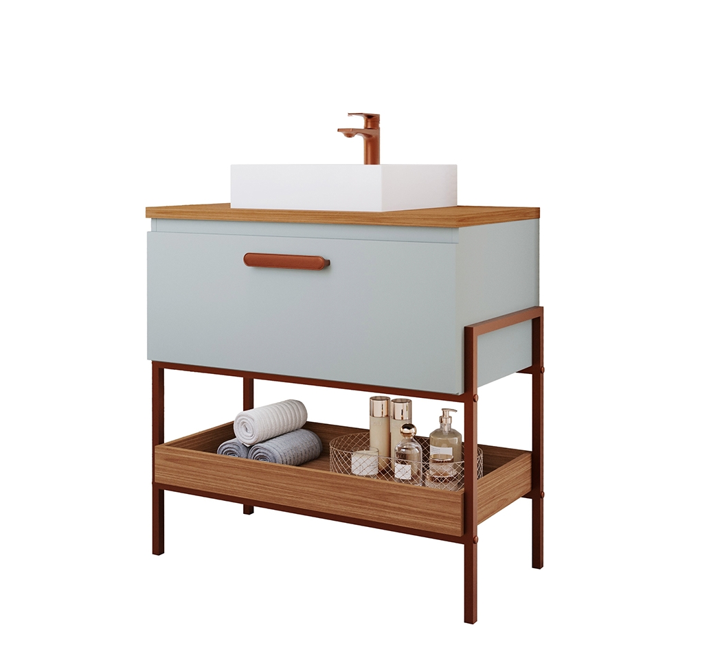 Conjunto para Banheiro com Gabinete Portinari 1 PT Pistache e Freijó 85cm e Espelho Decorativo Lumi Cobre