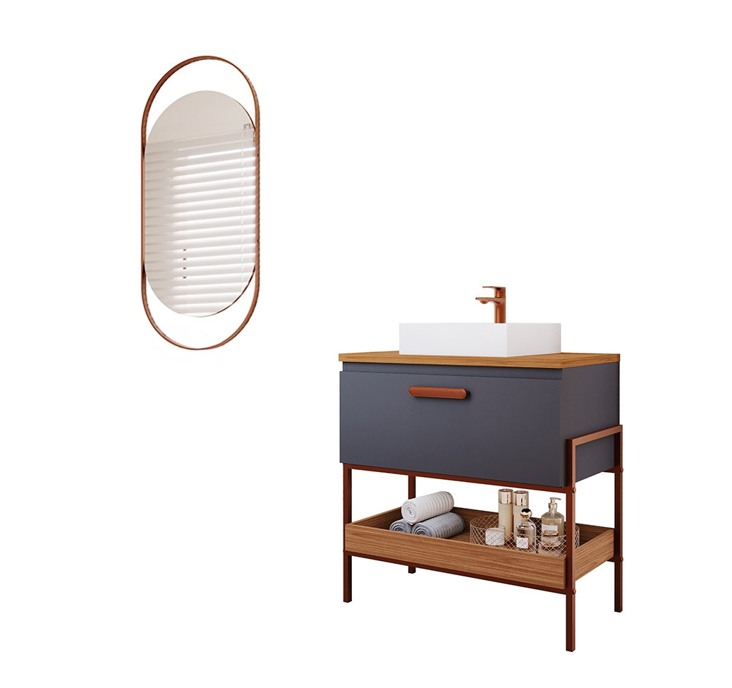 Conjunto para Banheiro com Gabinete Portinari 1 PT Titanium e Freijó 65cm e Espelho Decorativo Lumi Cobre