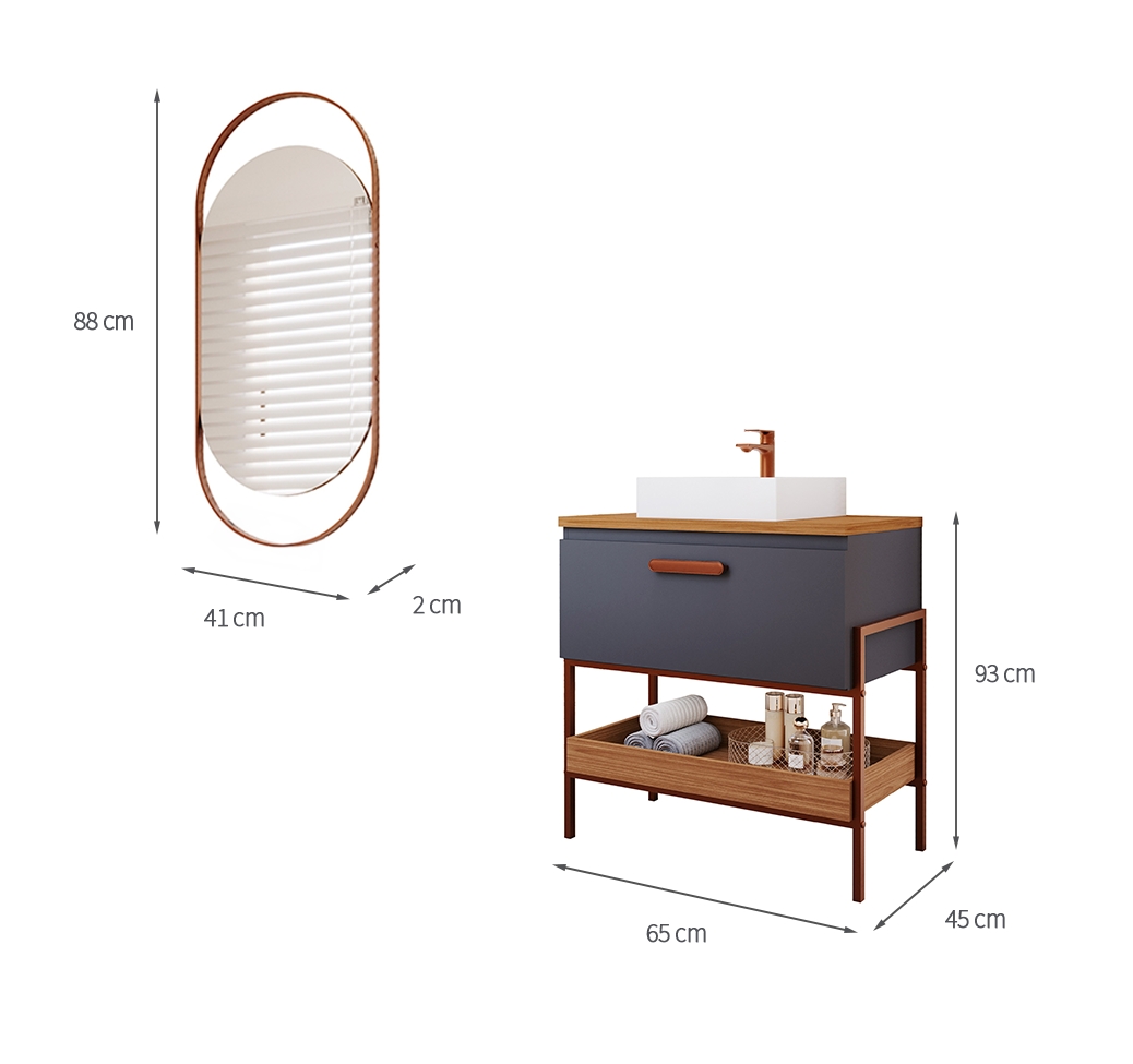 Conjunto para Banheiro com Gabinete Portinari 1 PT Titanium e Freijó 65cm e Espelho Decorativo Lumi Cobre