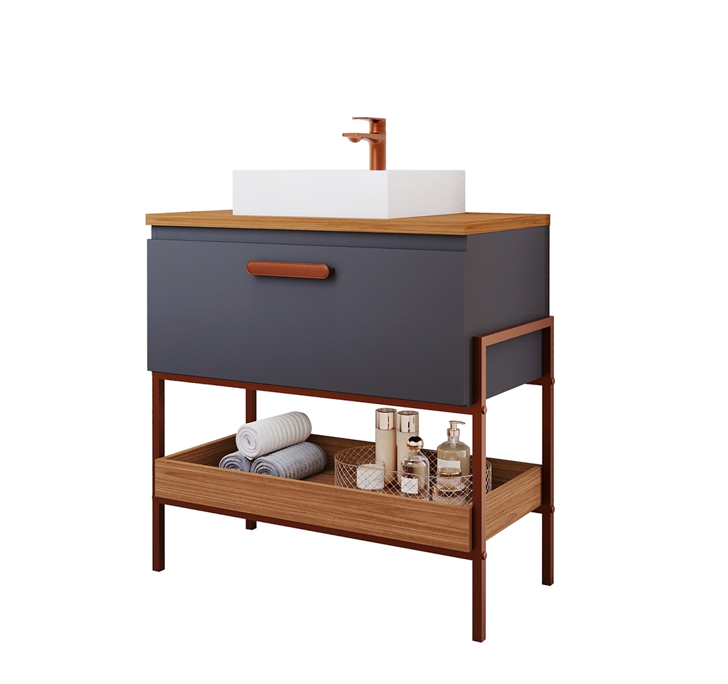 Conjunto para Banheiro com Gabinete Portinari 1 PT Titanium e Freijó 65cm e Espelho Decorativo Lumi Cobre