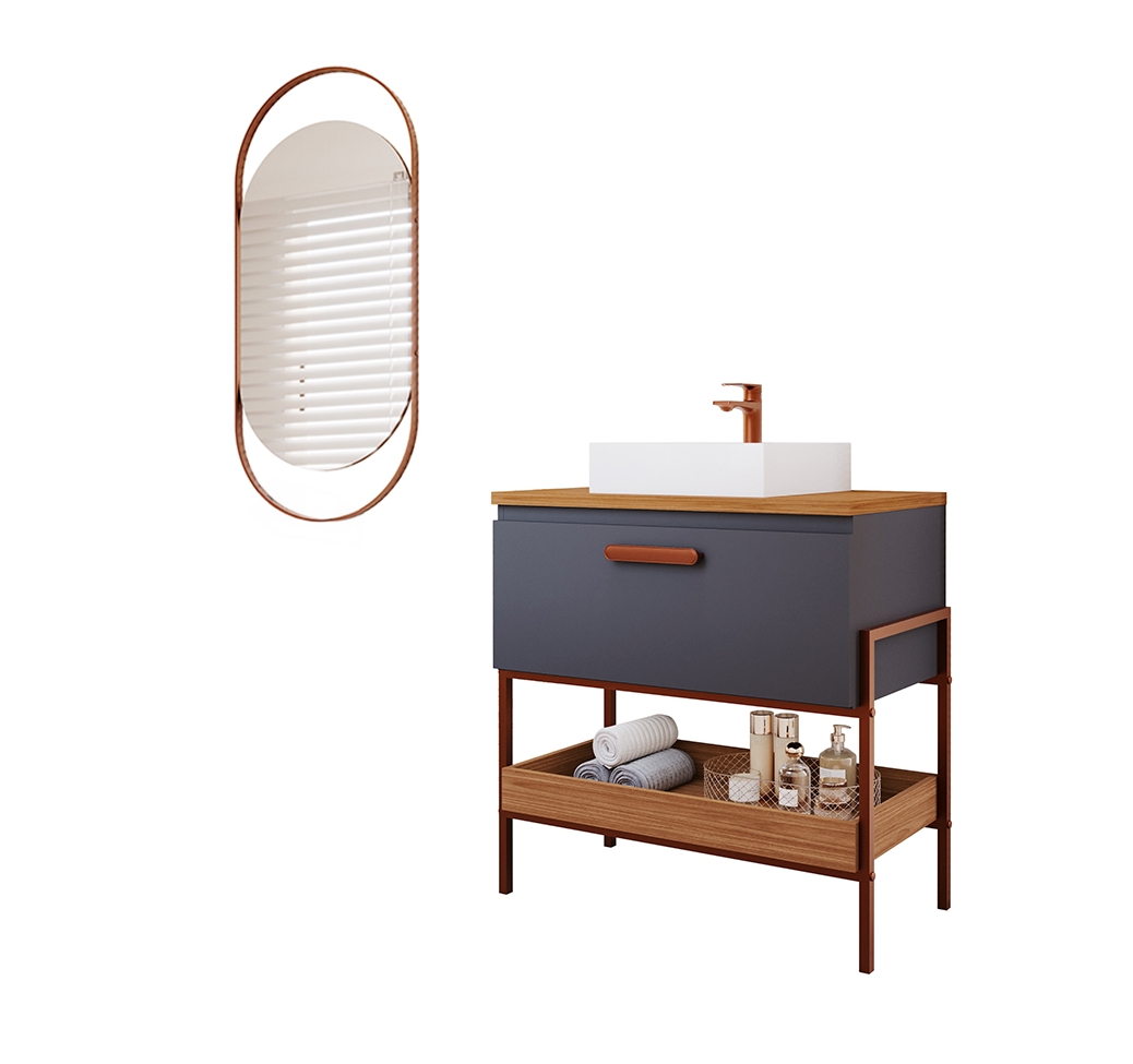 Conjunto para Banheiro com Gabinete Portinari 1 PT Titanium e Freijó 85cm e Espelho Decorativo Lumi Cobre