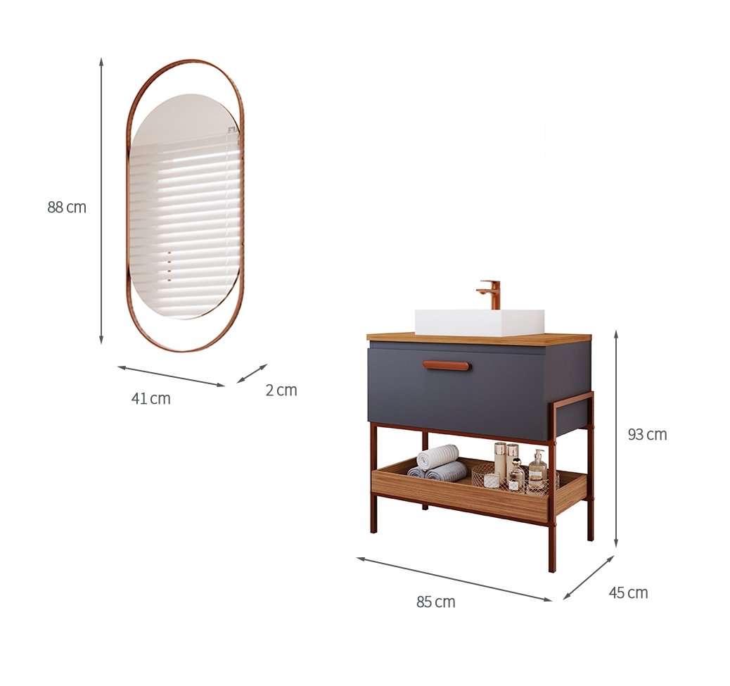 Conjunto para Banheiro com Gabinete Portinari 1 PT Titanium e Freijó 85cm e Espelho Decorativo Lumi Cobre