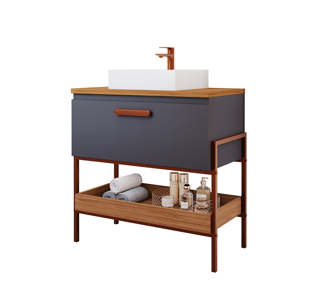 Conjunto para Banheiro com Gabinete Portinari 1 PT Titanium e Freijó 85cm e Espelho Decorativo Lumi Cobre