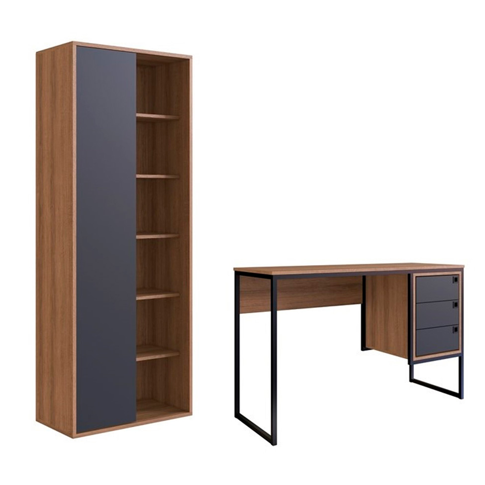 Conjunto para Escritório Office com Escrivaninha 3 GV e Estante Livreiro 1 PT Grafite e Mel