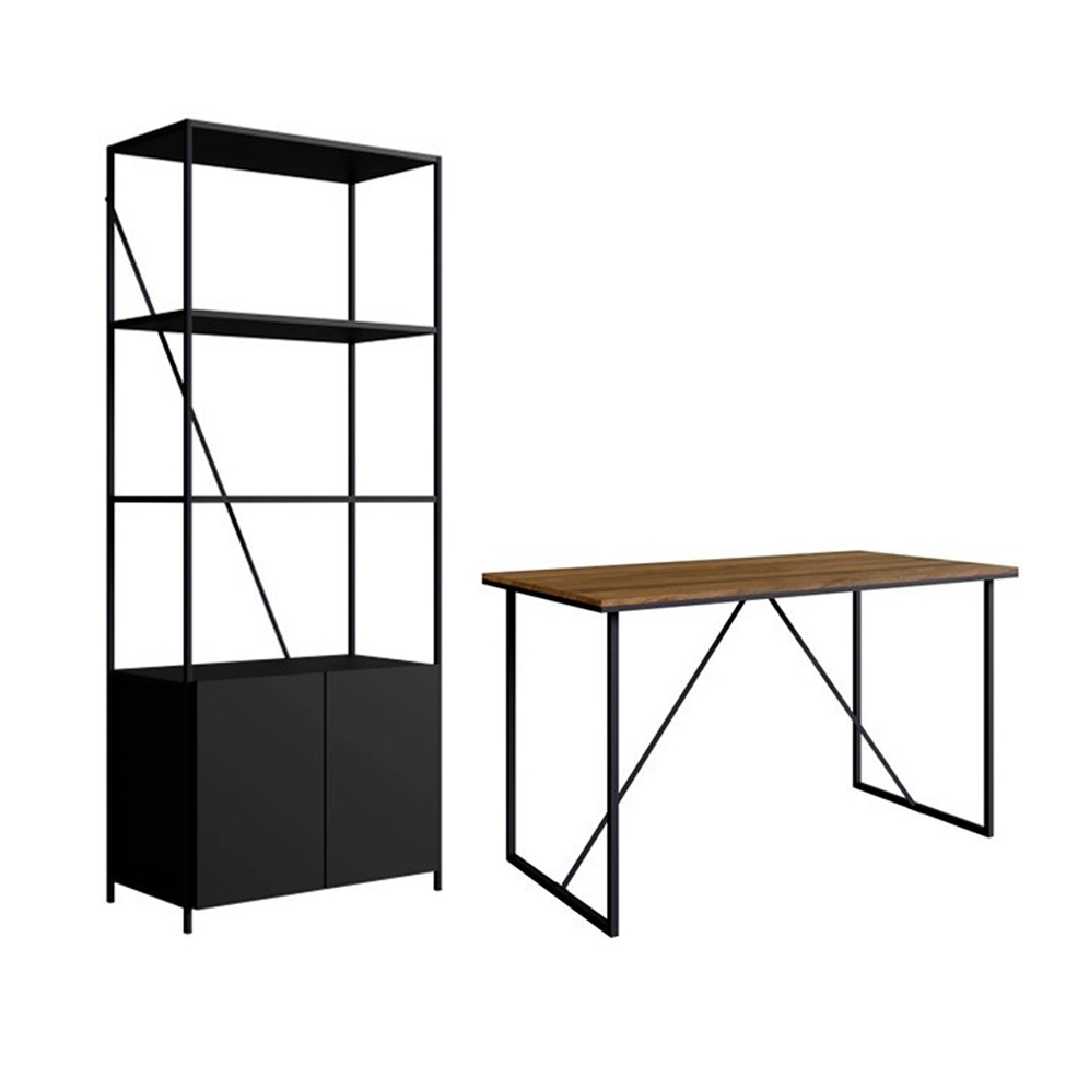 Conjunto para Escritório Steel Wood com Escrivaninha e Estante 2 PT Preto e Oro