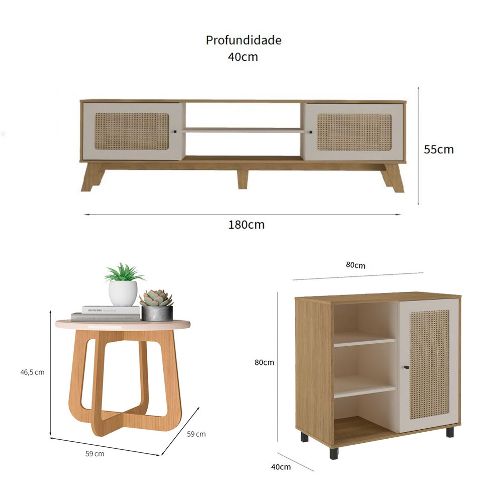 Conjunto para Sala de Estar Charlotte com Rack 2 PT, Buffet 1 PT e Mesa de Centro Carvalho e Off White