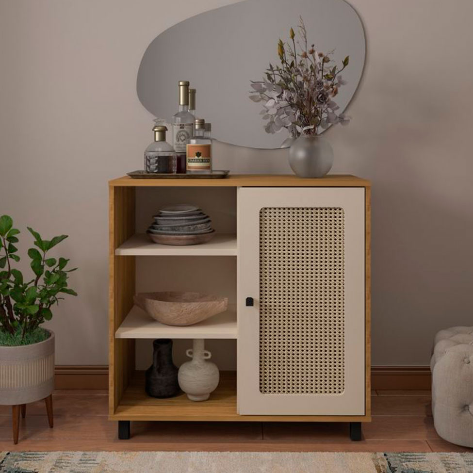 Conjunto para Sala de Estar Charlotte com Rack 2 PT, Buffet 1 PT e Mesa de Centro Carvalho e Off White