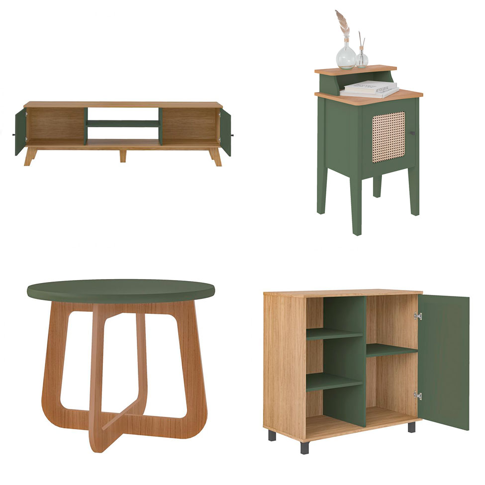 Conjunto para Sala de Estar Charlotte com Rack para TV até 75 Polegadas, Buffet 1 PT, Mesa Letaral 1 PT e Mesa de Centro Carvalho e Menta