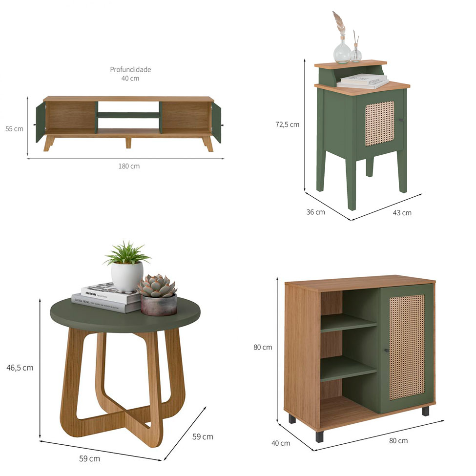 Conjunto para Sala de Estar Charlotte com Rack para TV até 75 Polegadas, Buffet 1 PT, Mesa Letaral 1 PT e Mesa de Centro Carvalho e Menta