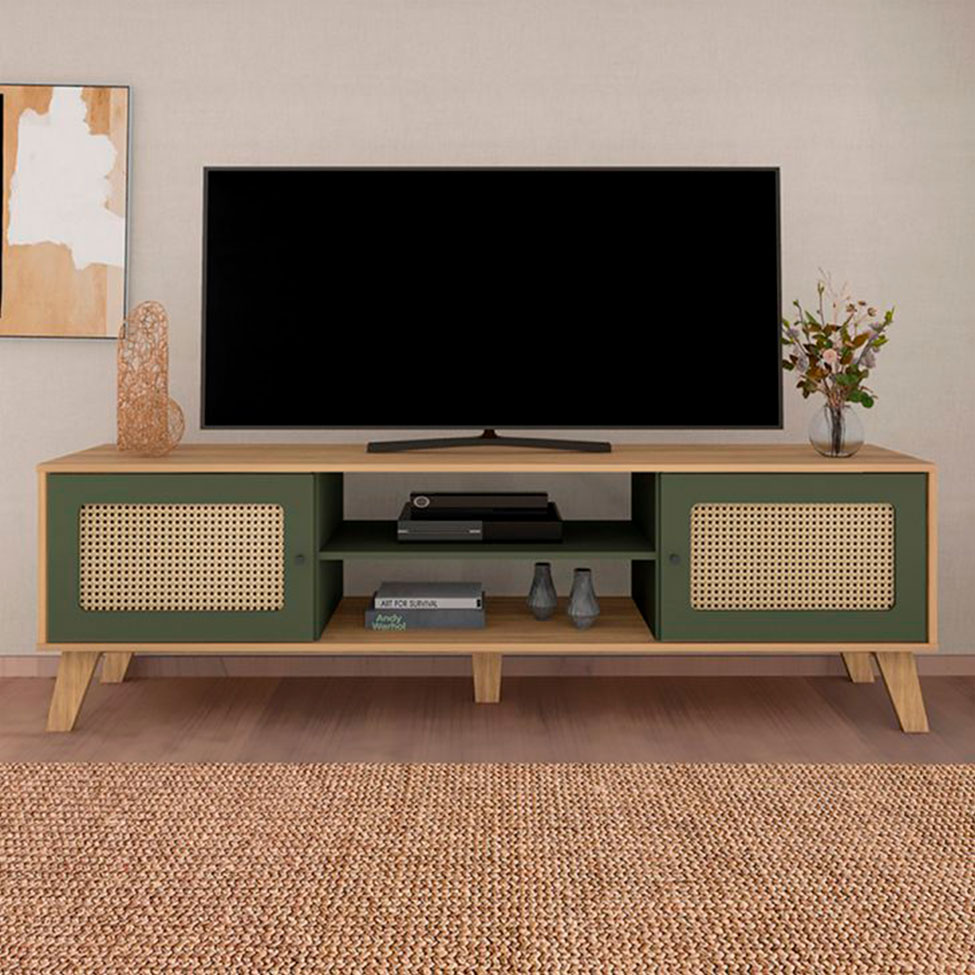 Conjunto para Sala de Estar Charlotte com Rack para TV até 75 Polegadas, Buffet 1 PT, Mesa Letaral 1 PT e Mesa de Centro Carvalho e Menta