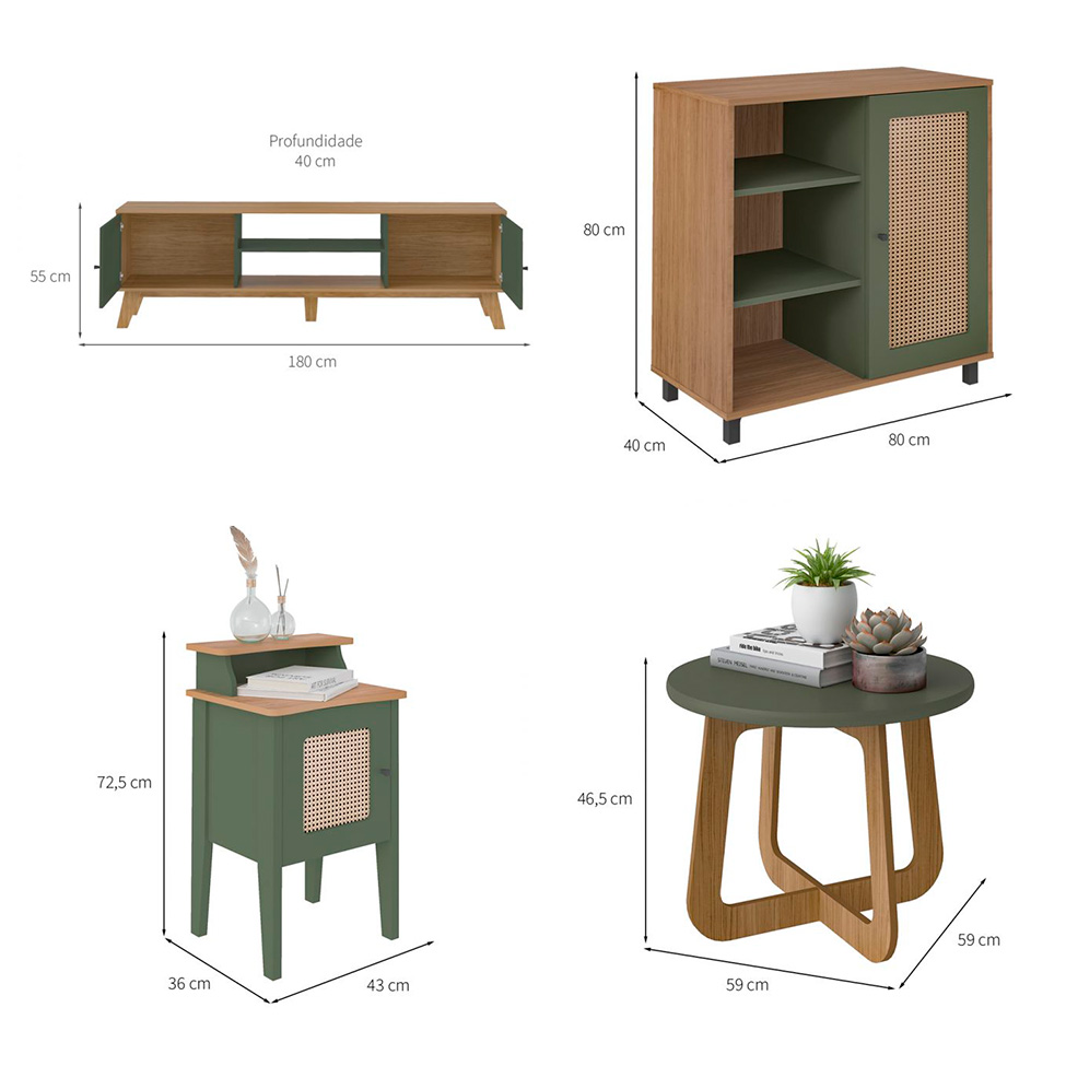 Conjunto para Sala de Estar Charlotte com Rack para TV até 75 polegadas, Buffet 1 PT, Mesa Lateral 1 PT e Mesa de Centro Verde Menta e Carvalho